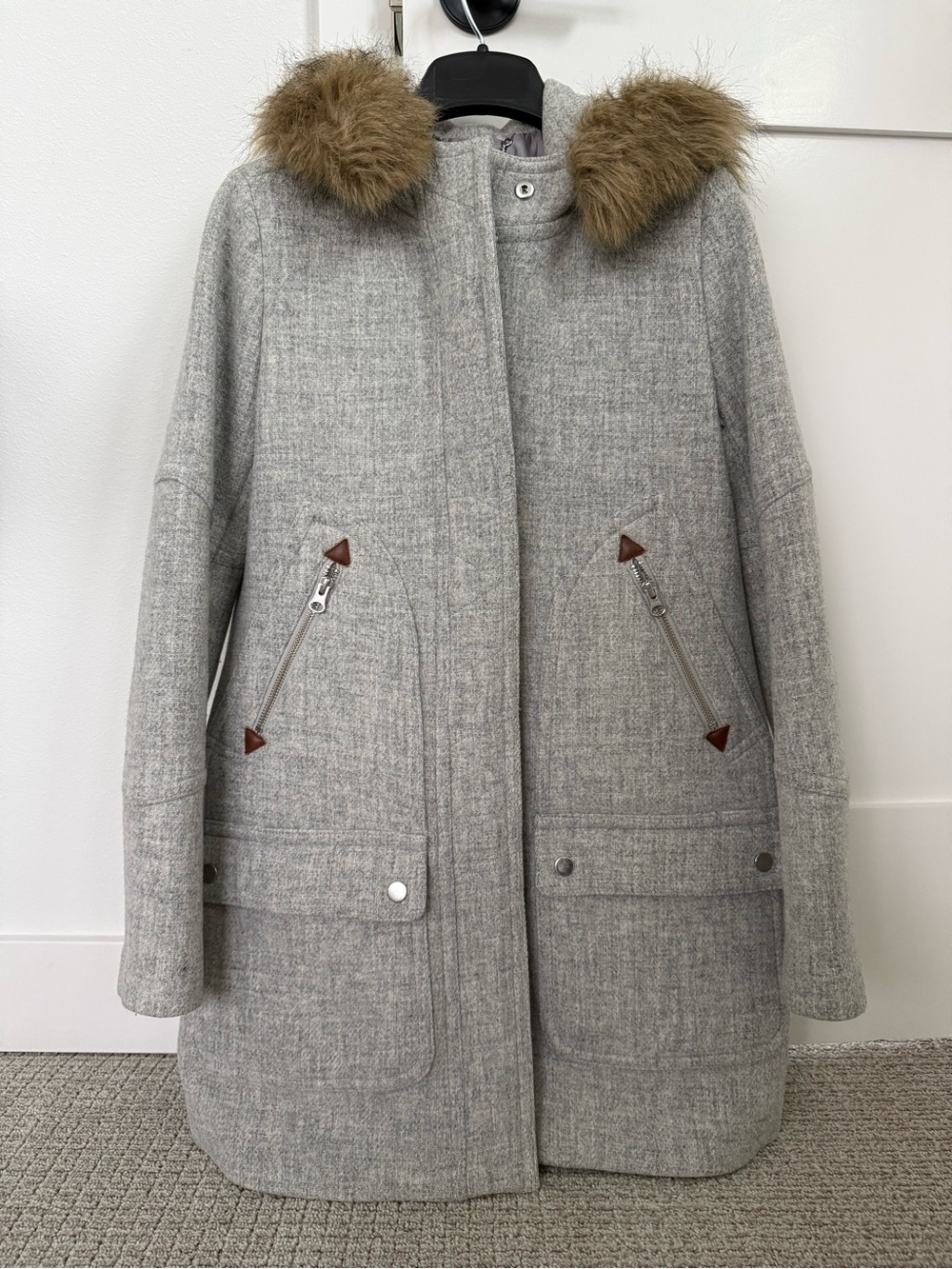 J. Crew Light Gray Wool Coat with Removable Faux Fur Trim